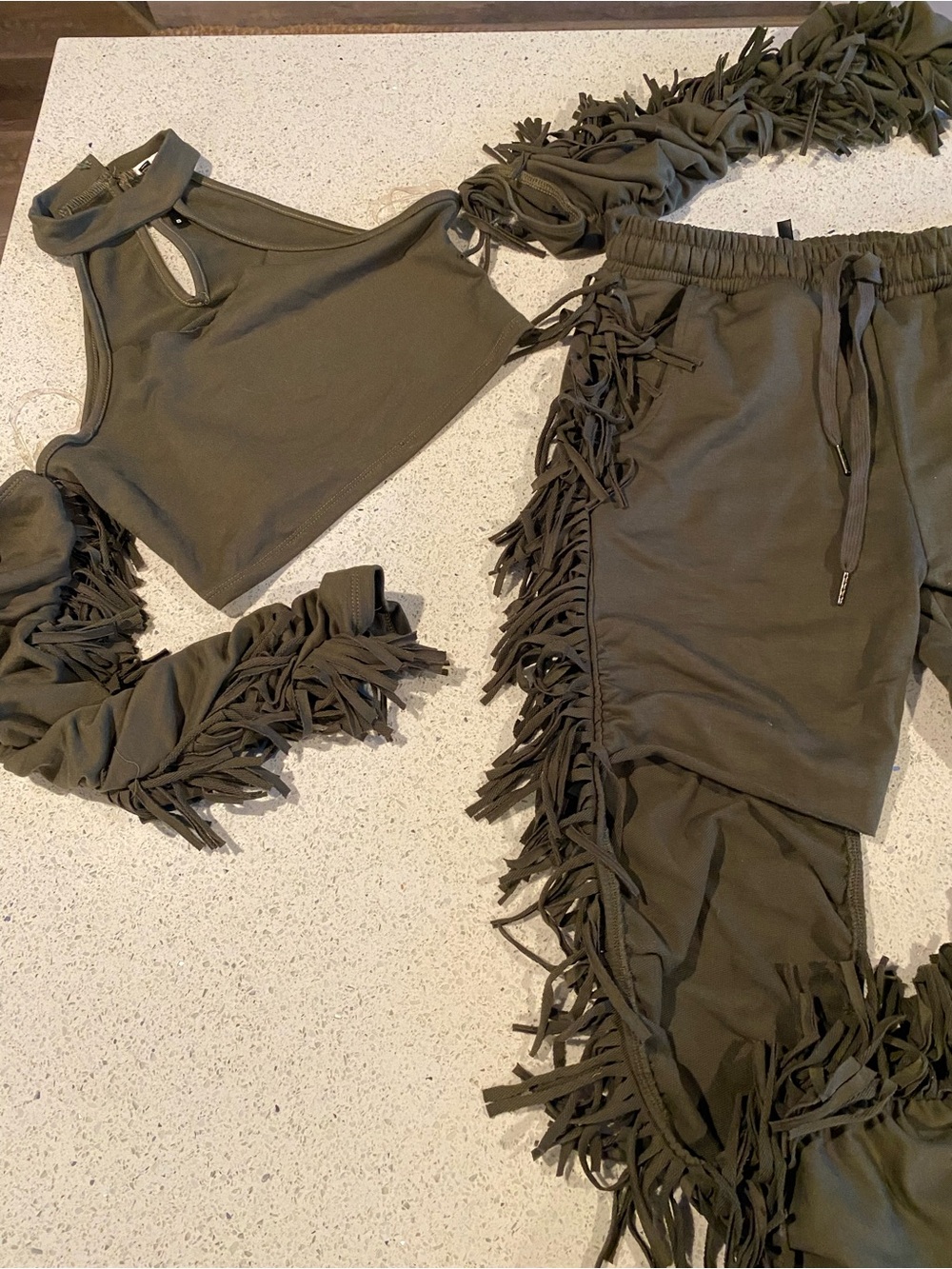 Olive Fringe Drawstring Jogger Pants and Crop Top w long sleeves